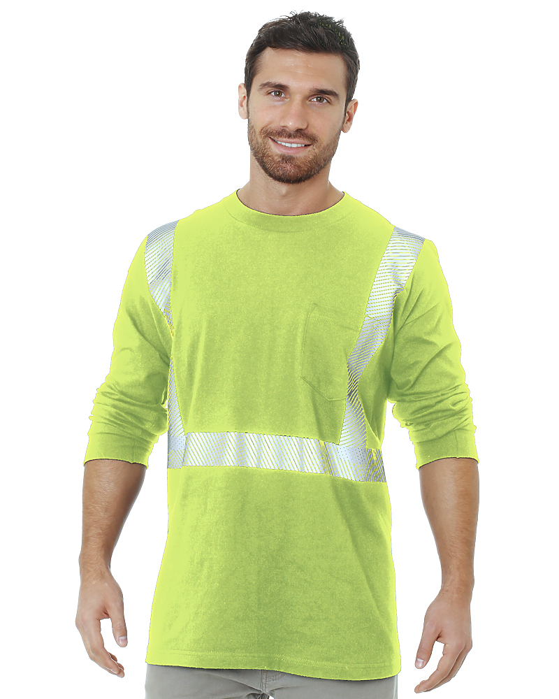 Bayside 3709 Hi-Vis Long Sleeve Pocket Crew With Segmented Striping
