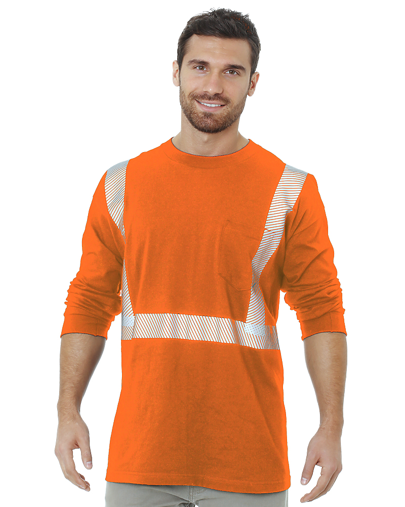 Bayside 3709 Hi-Vis Long Sleeve Pocket Crew With Segmented Striping